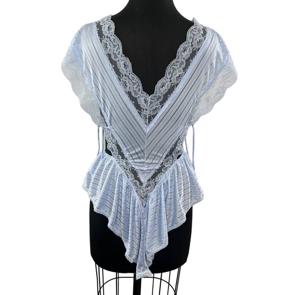 VINTAGE Dara-Jane Blue Lace Satin Teddy Romper Side Ties Cut Outs USA VTG L - Picture 1 of 4